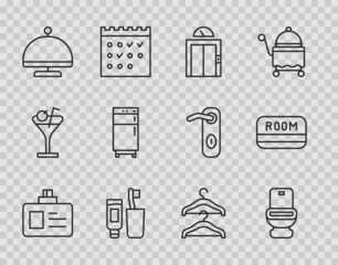 Wall Mural - Set line Identification badge, Toilet bowl, Lift, Toothbrush and toothpaste, Covered with tray, Refrigerator, Hanger wardrobe and Hotel key card icon. Vector