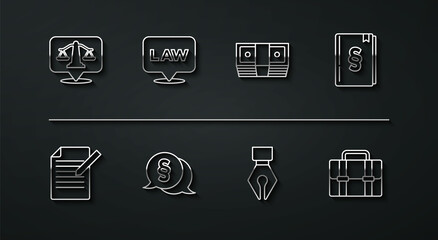 Poster - Set line Scales of justice, Document and pen, Law book, Fountain nib, Location law, Briefcase and Bribe money cash icon. Vector