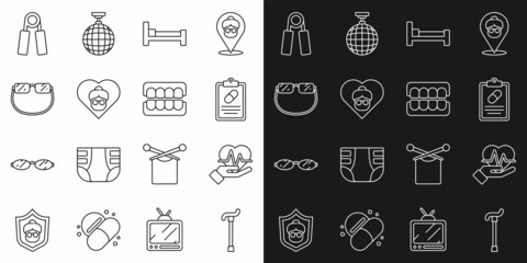 Poster - Set line Walking stick cane, Heart rate, Medical prescription, Bed, Grandmother, Eyeglasses, Sport expander and False jaw icon. Vector