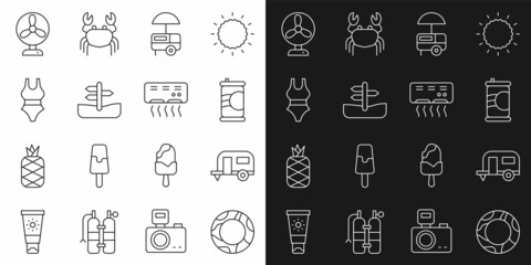 Wall Mural - Set line Rubber swimming ring, Rv Camping trailer, Soda can, Fast street food cart, Road traffic sign, Swimsuit, Electric fan and Air conditioner icon. Vector