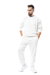 Wall Mural - Handsome man wearing blank white clothes on white background