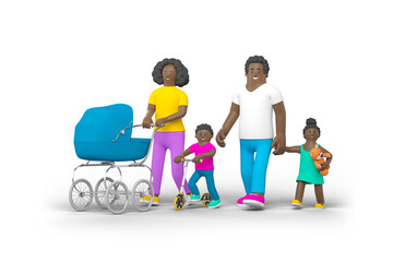 Poster - Black Family with Son in Baby Carriage People Walking isolated o