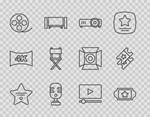 Sticker - Set line Walk of fame star, Cinema ticket, Movie, film, media projector, Microphone, Film reel, Director movie chair, Online play video and icon. Vector