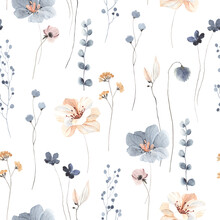 Floral Seamless Pattern With Abstract Blue And Beige Flowers, Delicate Branches And Leaves. Watercolor Print Isolated On White Background For Textile Or Wallpapers.