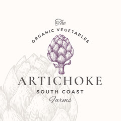 Wall Mural - artichoke badge or logo template. hand drawn vegetable sketch with retro typography. premium plant b
