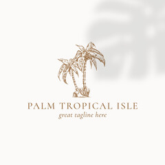 Wall Mural - palm trees badge or logo template. hand drawn tropical plant sketch with typography. premium nature 