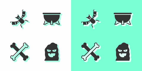 Sticker - Set Funny and scary ghost mask, Flying bat, Crossed bones and Halloween witch cauldron icon. Vector