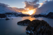Stunning Sunset Over The Lake Sils In The Engadine Valley In The Alps In Canton Graubunden In Winter In Switzerland