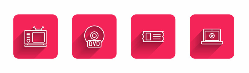 Poster - Set line Retro tv, CD or DVD disk, Cinema ticket and Online play video with long shadow. Red square button. Vector