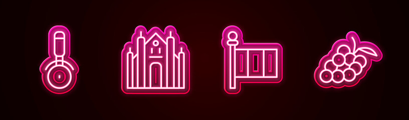 Sticker - Set line Pizza knife, Milan Cathedral, Flag Italy and Grape fruit. Glowing neon icon. Vector