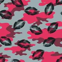 Wall Mural - 
Camouflage vector pattern for girls with a kiss, seamless pink background.