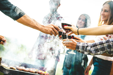 Wall Mural - People having fun cheering at pic nic winetasting - Life style concept with young friends enjoying harvest time together at farmhouse vineyard countryside - Focus on hands toasting red wine glasses