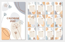 2022 Calendar Template On A Botanical Theme. Calendar Design Concept With Abstract Floral Elements. Set Of 12 Months 2022 Pages