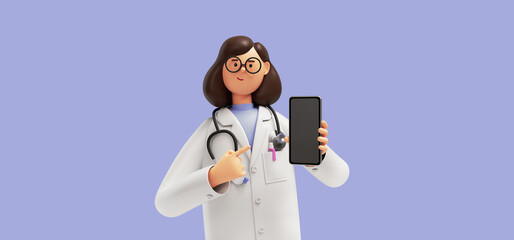 Wall Mural - 3d render. Cartoon character young woman doctor wears glasses and uniform. Medical clip art isolated on blue violet background. Holds smart phone with blank screen