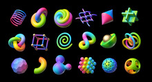 3d Render. Collection Of Assorted Geometric Shapes. Set Of Different Icons, Signs And Symbols. Colorful Objects With Gradient. Clip Art Isolated On Black Background