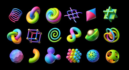 3d render. Collection of assorted geometric shapes. Set of different icons, signs and symbols. Colorful objects with gradient. Clip art isolated on black background