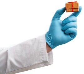 Poster - Coronavirus Christmas. Medic hand holds gift box