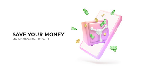 Poster - Mobile phone with lock safe and falling gold coin and paper money. Online banking or smart bank security service application