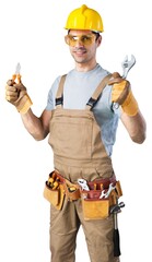 Wall Mural - Male builder in a helmet with a hammer and a wrench