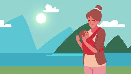 Canvas Print - mother holding baby in lake