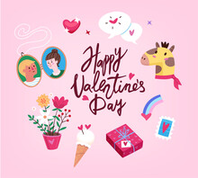Collection Of Valentine's Day Decorative Elements Gifts Flowers Food Cute Baby Animal And Romantic Couple. Isolated Vector Images