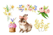 Set Of Watercolor Illustrations For Easter Holiday With Rabbit, Spring Flowers And Easter Cake, Hand Painted On White Background.
