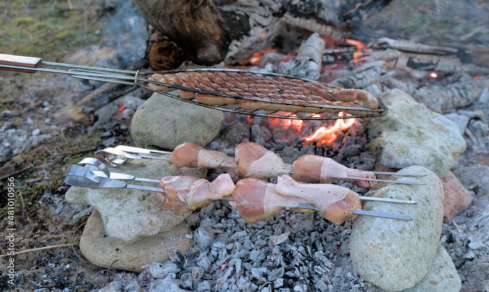 Photo Stock on an open fire from the branches of dry trees in the ...