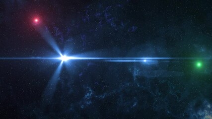Flying Through The Stars And The Blue Nebula In Space. Exploring the galaxy through outer space. Flying with a glowing dot. High-quality 4k video recording