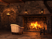 Fireplace In Old Stone Cozy Interior With Armchair, Lanterns And Candles
