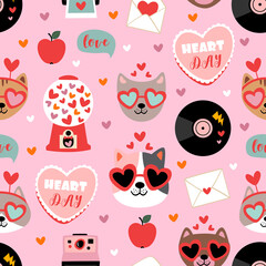 valentine seamless pattern with cute cats and love elements