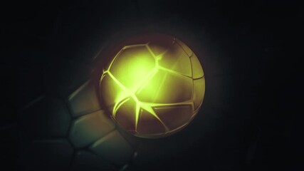 Poster - Abstract digital futuristic surface with transforming hexagons. Motion. Yellow glowing circle surrounded by black shadow with spinning hexagons.