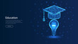 light bulb with graduation cap low poly wireframe. concept of learning and education. idea knowledge lamp symbol. isolated on blue dark background. vector illustration digital futuristic style.
