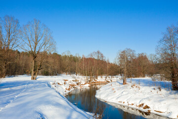 Wall Mural - Drone shot flying on winter river