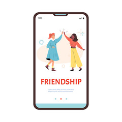 Wall Mural - Two girl friends clapping hands as symbol of friendship - user interface for app, flat vector illustration.