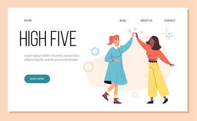 Wall Mural - Women congratulate each other with high five, web banner template - flat vector illustration.