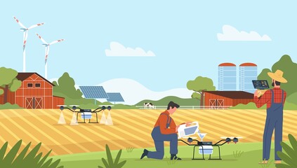 Farming with drone. Farm management from tablet, fields irrigation using drones, smart agriculture, alternative energy source, modern technology in countryside, vector isolated concept