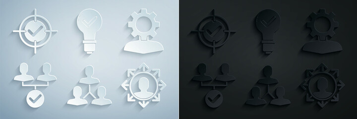 Sticker - Set Project team base, Human with gear inside, Light bulb and check mark and Target icon. Vector