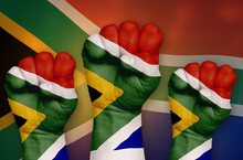 The South African Flag Is Drawn On A Clenched Fist And In The Background.