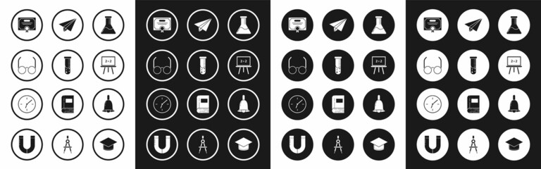 Sticker - Set Test tube and flask chemical laboratory, Glasses, Certificate template, Chalkboard, Paper airplane, Ringing bell and Clock icon. Vector