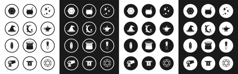 Sticker - Set Sparkle stars with magical glitter, Moon and, Witch hat, Magic stone, lamp or Aladdin, cauldron, Bottle love potion and icon. Vector