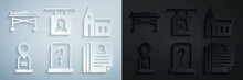 Set Grave With Tombstone, Church Building, Location Grave, Death Certificate, Signboard And Dead Body The Morgue Icon. Vector