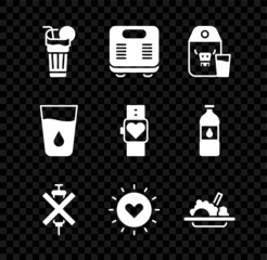 Sticker - Set Fresh smoothie, Bathroom scales, Paper package for milk, No doping syringe, Sun, Healthy food, Glass with water and Smart watch icon. Vector