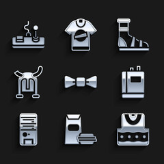 Sticker - Set Bow tie, Burger, Waistcoat, Book, Computer, Viking in horned helmet, Slippers with socks and Gamepad icon. Vector