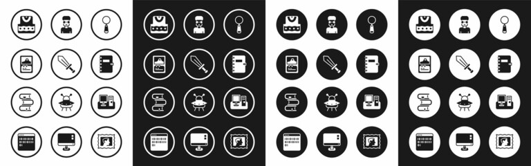 Poster - Set Magnifying glass, Sword for game, Card, Waistcoat, Spiral notebook, Nerd geek, Monitor with keyboard and Book icon. Vector