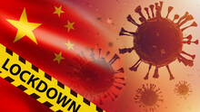 Omicron COVID-19 In China. Delta Plus Lockdown. Mutation Coronavirus. New Omicron Virus Lockdown. Restriction Of Movement In PRC. Quarantine Tape Near China Flag. SARS-CoV-2 Disease. 3d Image.