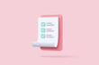 White clipboard task management todo check list, efficient work on project plan, fast progress, level up concept, assignment and exam, productivity solution icon. 3d vector render on pink background.