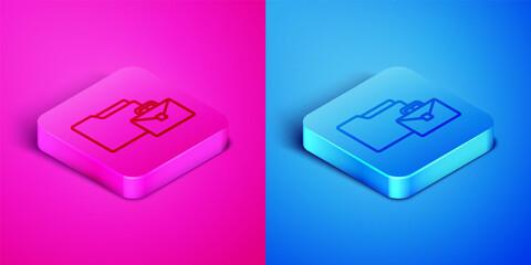 Poster - Isometric line Online working icon isolated on pink and blue background. Freelancer man working on laptop at his house. Remote work. Distant job concept. Square button. Vector