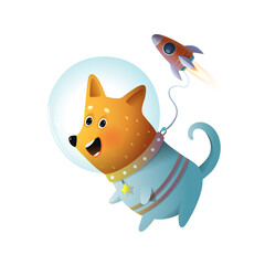 Wall Mural - Cosmonaut space dog funny cartoon character for kids. Puppy in outer space with spacecraft wearing cosmonaut suit. Vector clipart isolated on white background. Children cartoon in watercolor style.