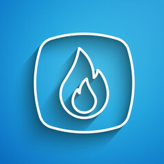 Sticker - White line Fire flame icon isolated on blue background. Long shadow. Vector