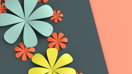 Fototapete - Purple-deep green background with yellow-orange-light blue paper flowers. Concept image of happy Invitation and reception sign. 3D high quality rendering. 3D illustration. High resolution.